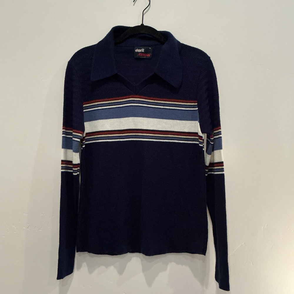 Vintage Esprit by Campus‎ Striped Knit Polo Sweater – Navy Retro Long Sleeve S